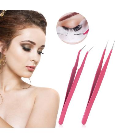 Sibba Eyelash Tweezers Set - 2 Stainless Steel Precision Tools with Straight & Curved Tips for Eyelash Extensions - Pink - Buy Online on GoSupps.com
