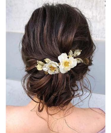 Resweky Bride Wedding Flower Hair Comb Gold Leaf Bridal Hair Pieces Floral Hair Side Comb Bride Hair Accessories for Women and Girls - Buy Online on GoSupps.com