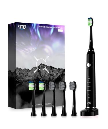 JTF Sonic-Electric-Toothbrush-Adults - Rechargeable Power Toothbrushes with 6 Brush Heads  Wireless Fast Charging for 60 Days Use  Smart Timer 5 Modes Whitening Tooth Brush  Black