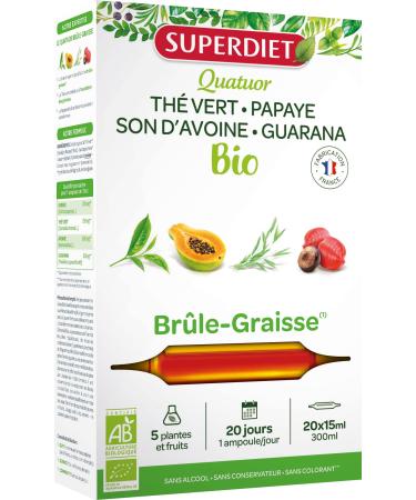 SUPERDIET - ORGANIC FAT BURNER QUARTET - Slimming -Green tea Papaya Oat bran Guarana -French manufacture - 20 ampoules of 15 ml