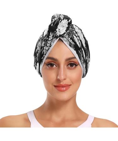 Black and White Flowers Dry Hair Cap | 2 Piece Quick Drying Towel Set with Button Headband | Super Absorbent & Soft Comfort - Buy Online on GoSupps.com
