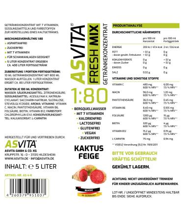 ASVITA Beverage Concentrate Fresh Mix 1:80 - 5L Sugar-Free Syrup in 22 Delicious Flavors (Cactus Feig) - International Shipping Available - Buy Online on GoSupps.com
