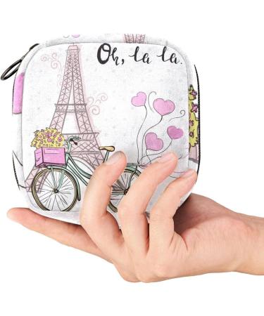 Stylish Menstruation Bag with Zipper - Women's Napkin & Tampon Collection Bag Featuring Paris Eiffel Tower & Bicycle Design - Buy Online on GoSupps.com