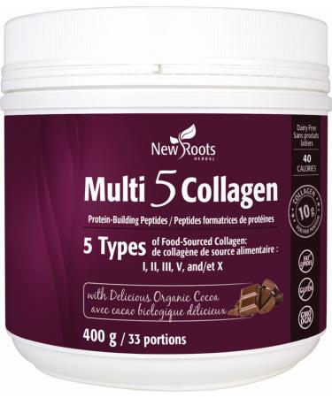 New Roots Herbal - Multi 5 Collagen Powder 400g - Protein Building Peptides - Skin Strength and Elasticity Muscle Strength and Bone Strength - Organic Cocoa Flavour