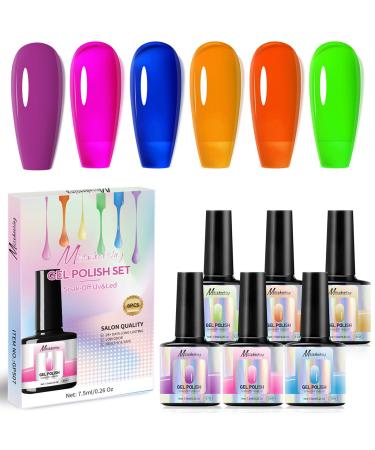 Neon Gel Nail Polish Set - 6 Colors Jelly Gel Nail Polish Set - Translucent Pink Blue Orange Green Gel Nail Polish - Crystal Gel Nail Varnish Set Soak-Off UV Led Home Nail Art