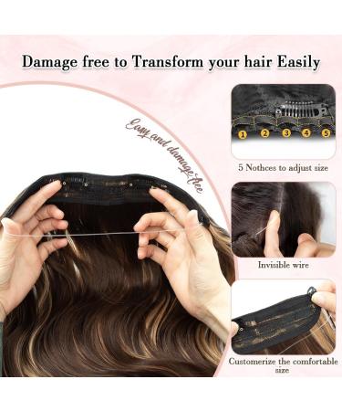 Invisible Wire Hair Extensions | Natural Wavy Synthetic Hair | Adjustable Size | Long Curly Hairpieces for Women - 16inch Ombre Caramelo with Dark Root - Buy Online on GoSupps.com