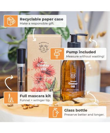 Bionoble Organic Castor Oil 200ml - 100% Pure Cold Pressed for Lashes, Eyebrows, Hair, Beard, Nails - Vegan & Cruelty Free - Glass Bottle with Pump - Includes Mascara Kit - 200ml Pack - Buy Online on GoSupps.com
