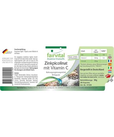 Fairvital | Zinc Picolinate with Vitamin C 15mg Zinc per Capsule 90 Capsules - Pure Substance - Buy Online on GoSupps.com