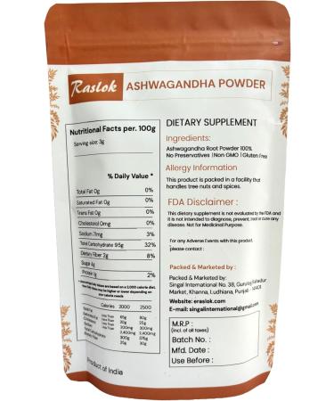 Ashwagandha Root Powder| Finest Grade A Root Powder - Withania Somnifera | Non-GMO Vegan & Raw from India (3.52 Oz) 3.52 Ounce (Pack of 1) - Buy Online on GoSupps.com