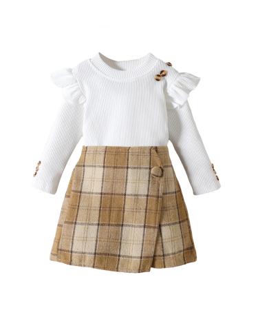 Miipat Baby Girl Clothes Set Fall Winter Long Sleeves Toddler Girls Outfits Pullover Tops with Mini Skirts Sets Girls Dress 2-3 Years WhiteKhaki