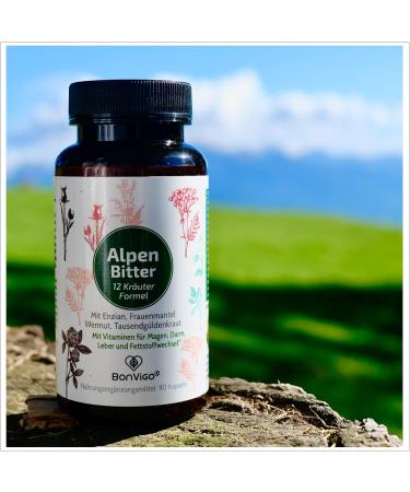 BONVIGO Alpenbitter 90 Bitter Capsules | 12-Herb Formula for Liver Support Digestion & Fat Metabolism | Natural Gentian Wormwood & Dandelion Blend - Buy Online on GoSupps.com