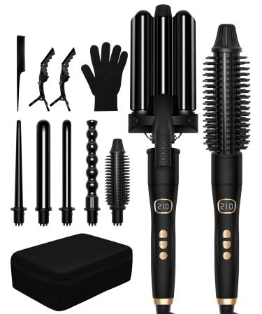 Thermal Brush Curling Wand Set 6 in 1 Curling Tongs with Storage Box LCD Display 3 Barrel Hair Waver Curling Iron 9mm-32mm Thermal Brush & Curling Brush Hair Curler for All Hair Styling Black