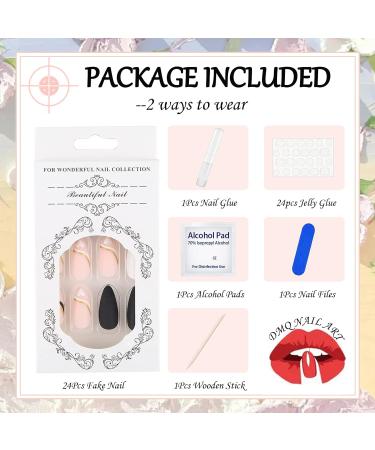 Pink French Stiletto Fake Nails - 24Pcs Swirl & Heart Pattern False Nails with Nail Glue - Almond Black White Tips for Women & Girls Nails Art - Buy Online on GoSupps.com