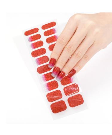 Gel Nail Strips Semi Cured - Red Glitter Gel Nail Wraps - 20pcs Long Lasting Gel Nail Polish Strips With Nail File & Wooden Cuticle Stick Gradient Red