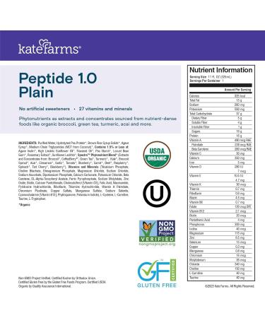 KATE FARMS Organic Adult Peptide 1.0 Formula Plain Sole-Source Hydrolyzed Plant-Based Nutrition for Oral or Tube Feeding 11 Fl oz (12 Pack) - Buy Online on GoSupps.com