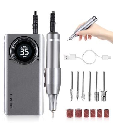 Professional Electric Nail Drill Machine, Portable Rechargeable 35000RPM Nail Drill for Acrylic Gel Nails, Manicure Pedicure Polishing Shape Tools for Home and Salon Use,Grey