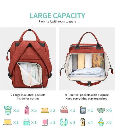 Viedouce Baby Diaper Backpack - Waterproof Oxford Large Capacity Bag with Diaper Support & Stroller Belts - Multifunctional Brick Red - Buy Online on GoSupps.com