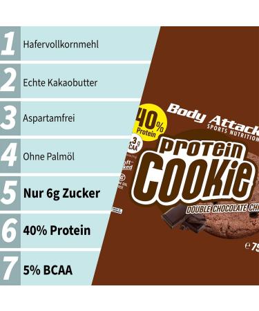 Body Attack Protein Cookie 40% protein 5% BCAA soft palm oil free Whole oat flour chocolate cookies cocoa butter Made in Germany 12x75g White chocolate with almonds - Buy Online on GoSupps.com