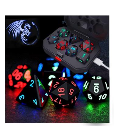 Glowing Dice Set 7Pcs, DND Dice, Shake to Light Up LED Dice Color Changing Glitter, USB Port Charging, for Dungeon and Dragons, D&D, Sci-Fi, Yu-Gi-Oh Table Games Dice (Black)