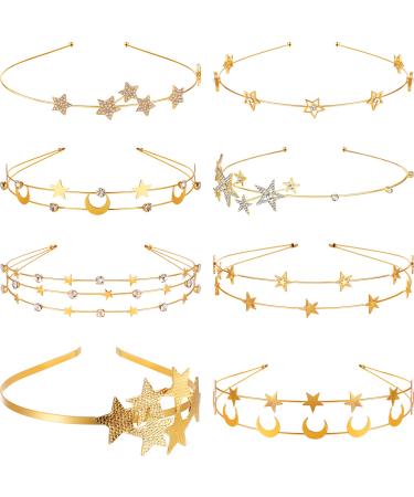 8 Pcs Star Headbands Alloy Five Pointed Star Headpieces Star Moon Bridal Hair Hoop Double Wire Gold Headband Wedding Birthday Costume Hair Accessories Ornaments for Women Girls
