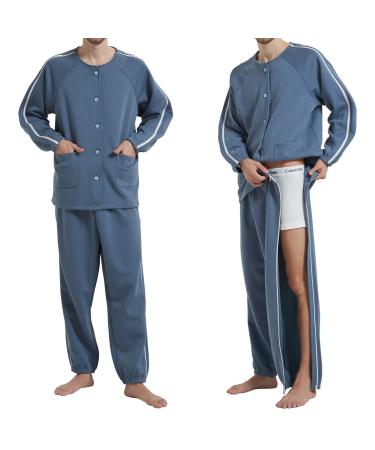 YOSINISO Bedridden Patient Clothing, Fleece Lining Double Slider Zipper Cotton Disability Clothing for Post Surgery Elderly Fracture Hospital Gowns for Men L Blue Set