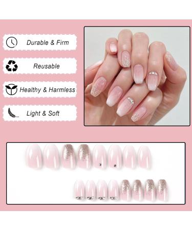 24Pcs Short Coffin French False Press On Nails with Rhinestones Gradient - Nude Pink Stick on Nails for Women - Removable Glue-on Acrylic Fake Nails - Buy Online on GoSupps.com