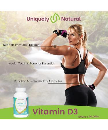 Uniquely Natural Vitamin D3 50 000 IU 125mcg Capsules - 120 Organic Weekly Supplements Non-GMO Gluten Free Pills For Strong Bones Teeth Immune Support - Made in USA - Buy Online on GoSupps.com
