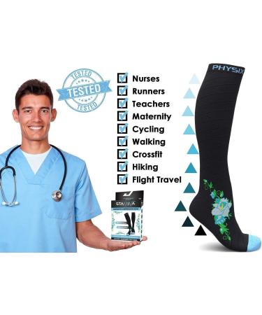 Physix Gear Compression Socks for Men & Women | 20-30 mmhg Graduated Athletic Fit | Ideal for Running, Nurses, Shin Splints | L-XL Black - Blue Flower - Buy Online on GoSupps.com