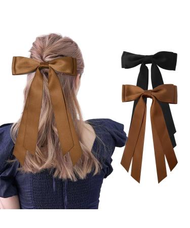Lilbitty 2 Pieces Silky Satin Hair Bows Hair Clip Hair Band Black Coffee Color Ponytail Holder Metal Clips Hair Bow for Women