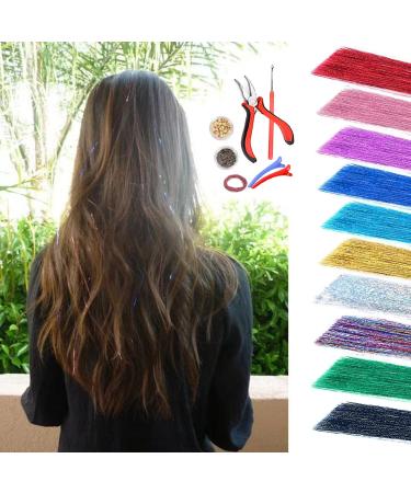 Hair Tinsel Kit, 10 Colors Tinsel Hair Extensions with Tools (a Plier+a Pulling Needle+200pcs Silicon Lined Beads), Glittery Fairy Sparkingly Hairpiece for Party Halloween Christmas New Year 10 colors( Black,Blue, Red, Pur…