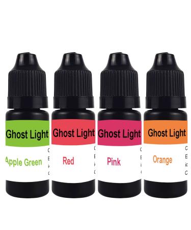 Ghost Light UV Resin 7 Glow in Dark Color Options Colors UV Resin Excellent for Making Luminous Flies, Hot Spots, Trigger Points, Thin Layers 10ml/0.35oz x 4 Red+Orange+Pink+Apple Green