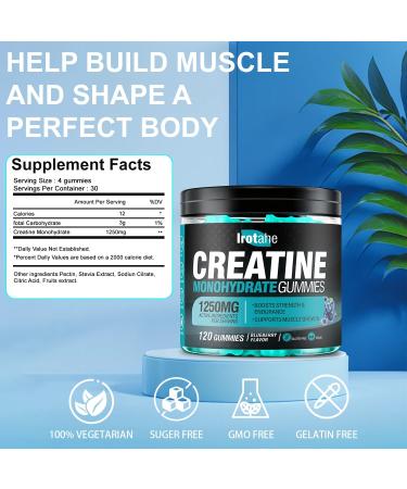 Irotahe Creatine Monohydrate Gummies 1250mg per Serving Pure Creatine for Men & Women Max Strength Pre Workout Post Workout Supplement Supports Muscle Growth Energy Recovery- 120 Count (Blueberry) - Buy Online on GoSupps.com