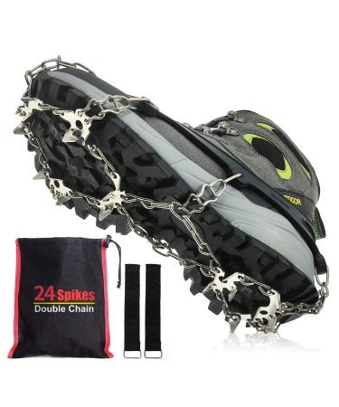 Youasic Crampons Ice Cleats - Upgraded 24 Spikes Crampons Traction Cleats Ice Snow Grips for Shoes Boots Women Men Hiking Fishing Walking Climbing Large