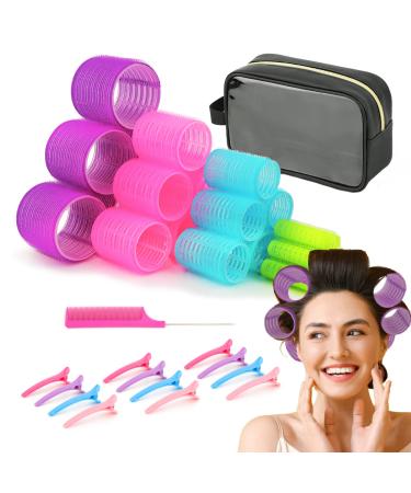 Hair Rollers Curlers Set 38 Pcs, Perfect for Long Medium Short Hair with 4 Sizes Self Grip Velcro Rollers Heatless Styling Tools, with Large Cosmetic Bag, Duckbill Clips