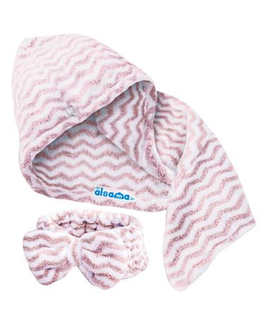 ALSAMA Microfiber Hair Towel Wrap Turban Anti Frizz Super Absorbent Fast Drying Hair Cap for Long Curly Hair Premium Ultra Soft Easy Twist Shower Head Hat with Hair Band (Pink Wavy)