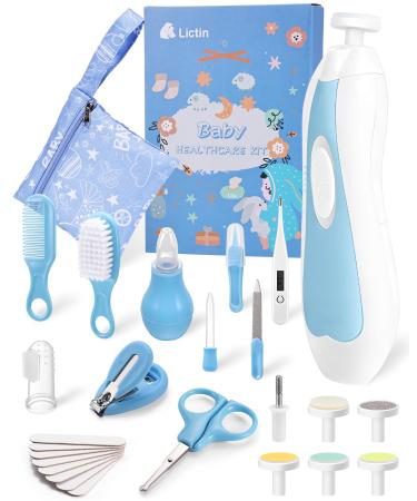 Lictin Baby Healthcare and Grooming Kit 31 in 1 Baby Nail Trimmer Electric Set Safe Baby Nail File with Auto Light Newborn Nursery Health Care Kit with Nail Clippers Infant Comb Brush etc Blue&White 31 Piece Set