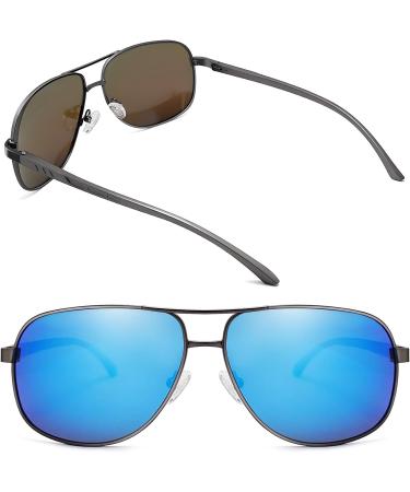 Joopin Polarised Sunglasses Al-Mg Metal Frame Double Bridge Aviation Sunglasses | UV Protection for Men & Women - A06 Gun Frame Blue Mirrored Lens - Buy Online on GoSupps.com