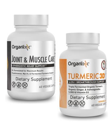 Organixx Joint & Muscle Care & Turmeric 3D Bundle Organic Turmeric Frankincense & Myrrh Plus Fermented Turmeric Ginger & Ashwagandha Supports Joint & Immune Health Gluten Free 60 Capsules Each