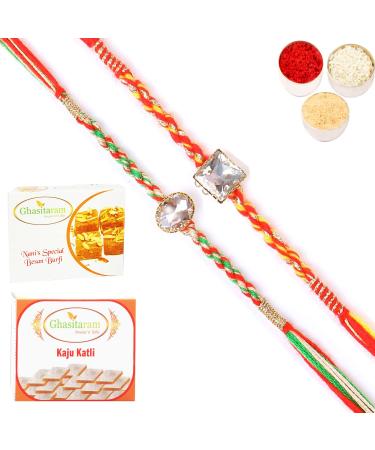 Ghasitaram Gifts Rakhi for Brother Rakhis Online - Set of 2 6300 6371 Fancy Rakhis with 200 GMS of Besan Barfi and 200 GMS of Kaju Katli