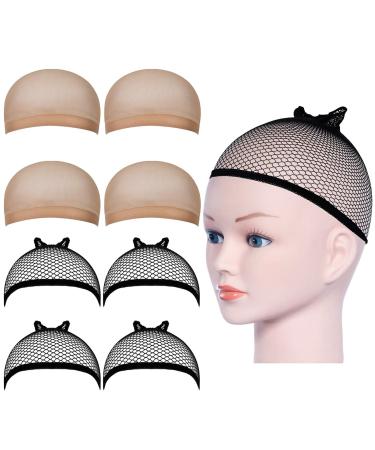 URAQT Wig Caps 8 Pcs Stretchy Nylon Stocking Wig Cap Ultra Thin Unisex Wig Cap to Hold Wig in Place for Women Men Breathable Wig Net Cap for Long Short Hair 4 Mesh Black+4 Beige