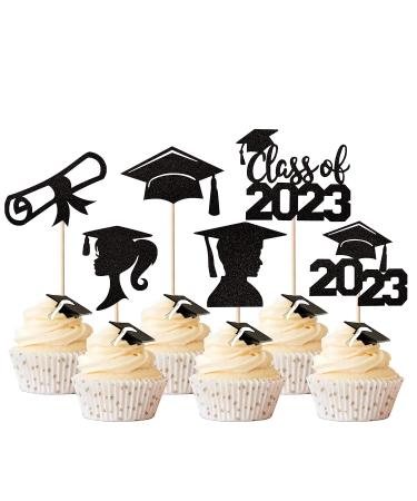 Pack of 24 2023 Graduation Cake Decorations Glitter Diploma Congratulations Cap Class of 2023 Cupcake Toppers for Graduation Theme School Boys Girls Graduate Party Cake Decorations Accessories Black Black.