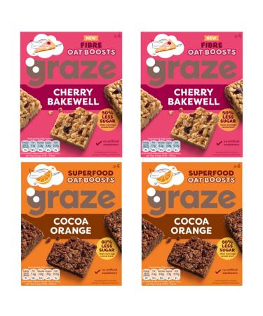 Graze Protein Oat Boost Bars - Cherry Bakewell and Cocoa Orange - Healthy Snacks Whole Oats Natural Flavours High Fibre Less Sugar (16 Snacks - 4 Packs of 4 x 30g) - with Tea Pouch