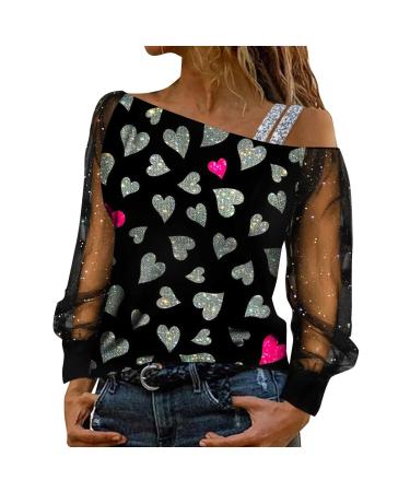 QWUVEDS Earrings Various Sizes Women's Valentine's Day Love Print Button Stitching Lace Long Sleeve Top Women's Top Elegant Silver XXL