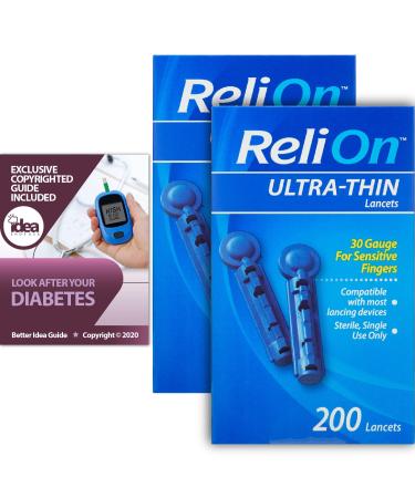 ReliOn Ultra-Thin Lancets 30-Gauge for Sensitive Fingers 200 Ct (2 Pack) Bundle with Exclusive Look After Your Diabetes - Better Idea Guide (3 Items) 2 Pack 400 Count