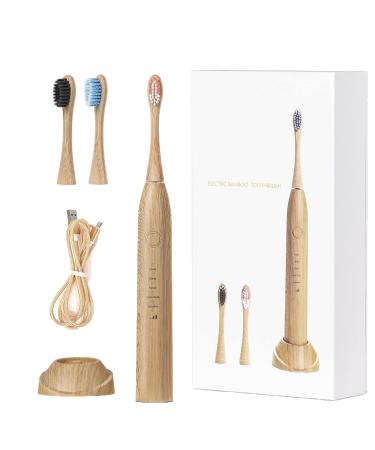 Electric Bamboo Toothbrush 5 Cleaning Modes Sonic Toothbrush- Newly Upgraded IPX8 Waterproof 2 Minute Timer Portable USB Rechargeable-3 Colors Replaceable Bamboo Toothbrush Heads (Adult Toothbrush)