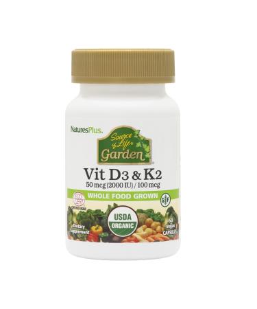 NaturesPlus Source of Life Garden Vitamin D3 & K2 - 60 Capsules - Immune System and Bone Support - USDA Certified Organic Vegan Gluten Free - 60 Servings