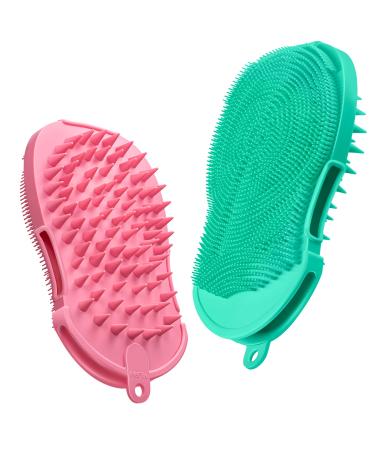 HEETA 2 Pack Silicone Body Scrubber and Hair Shampoo Brush 2 in 1 Upgrade Scalp Massager Exfoliating Brush for Skin and Scalp Care - Silicone Loofah with Gentle Massage Nodes (Pink & Green)