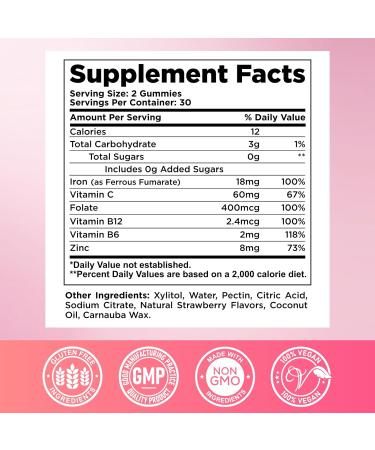 Iron Gummies for Women & Men - Iron Supplement with Vitamin B6, B12, C, Zinc, Folate for Adults & Kids - Support Iron Deficiency, Anemia, Energy Boost, Blood Builder - Sugar Free Vegan 60ct Strawberry Strawberry 60 Count (P  - Buy Online on GoSupps.com