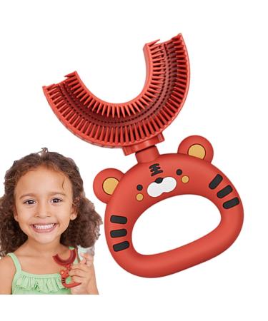 Quaeetyu U-shaped toothbrush cartoon-tiger design for children soft silicone brush head for 360-degree tooth cleaning manual toothbrush for the whole mouth extra soft for gentle care red 1 piece (1 Pack)