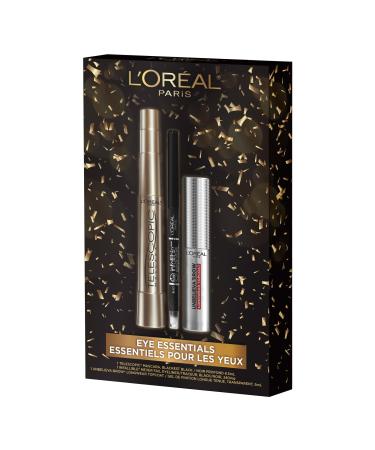 L Or al Paris Eye Essentials Makeup Gift Set - Telescopic Blackest Black Mascara Infallible Never Fail Black Eyeliner Unbelieva-brow Longwear Topcoat 3-Piece Makeup Set